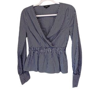 Express blouse faux wrap smocked waist long sleeve medium pin stripe tailored